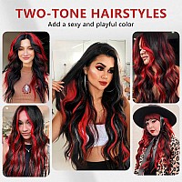 Alxnan Clip In Long Wavy Hair Extension 20 Inch Black Red Highlights Hair Extensions 4Pcs Thick Hairpieces Fiber Double Weft Hai