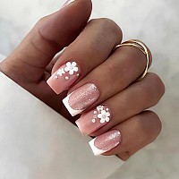 Sinsen Pink Press On Nails Medium French Tip Press On Nails Square Shape 3D Flower Fake Nails With Adhesive Glue Stickers Re