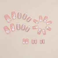 Sinsen Pink Press On Nails Medium French Tip Press On Nails Square Shape 3D Flower Fake Nails With Adhesive Glue Stickers Re