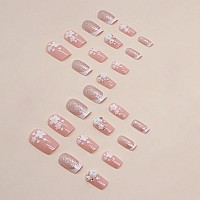 Sinsen Pink Press On Nails Medium French Tip Press On Nails Square Shape 3D Flower Fake Nails With Adhesive Glue Stickers Re