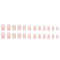 Sinsen Pink Press On Nails Medium French Tip Press On Nails Square Shape 3D Flower Fake Nails With Adhesive Glue Stickers Re