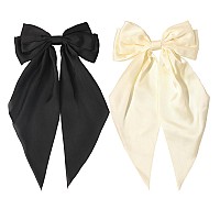 Furling Pompoms Hair Clip Hair Bows 2Pcs Beigeblack Satin Big Hair Bows For Women Girls Hair Barrettes With Alligator Clips