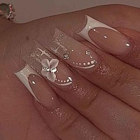 Foccna Long Press On Nails Nude Square Clear Fake Nails French Full Cover Bling Acrylic False Rhinestone Nails Butterfly Design