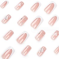 Foccna Long Press On Nails Nude Square Clear Fake Nails French Full Cover Bling Acrylic False Rhinestone Nails Butterfly Design