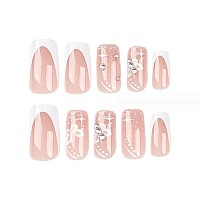 Foccna Long Press On Nails Nude Square Clear Fake Nails French Full Cover Bling Acrylic False Rhinestone Nails Butterfly Design