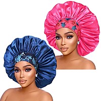 Isshin Beauty Silk Satin Bonnet Hair Cap 2Pcs 17Inch Diameter Extra Large Jumbo Sleeping Satin Bonnets Blue Hotpink