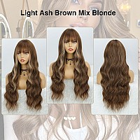 Bogsea Light Brown Wigs With Bangs Long Blonde Wig For Women Long Wavy Light Ash Brown Mix Blonde Wigs Synthetic Heat Resistant