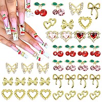 Rodaky 38Pcs Cherry Nail Charms Gold Charms For Nails 3D Bow Butterfly Nail Art Charms Pink Red Cherries Nail Gems With Rhinesto