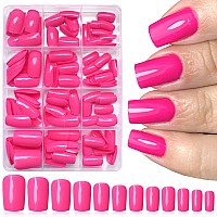 Loveourhome 240Pc Hot Pink Press On Nails Medium Square Fake Nails Press Ons Square Nail Tips Gel False Nails Colored Presson Ar