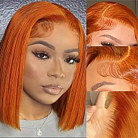 Guebb 13X4 Colored 350 Ginger Orange Glueless Bob Wig Human Hair Hd Transparent Lace Frontal Wig Short Blunt Cut Bob Wig Lace