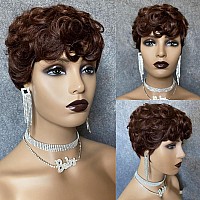 Hotkis Short Curly Human Hair Wigs Curly Pixie Cut Wig Human Hair Auburn Short Pixie Cut Human Hair Wigs Colored Glueless For Bl