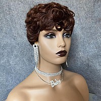 Hotkis Short Curly Human Hair Wigs Curly Pixie Cut Wig Human Hair Auburn Short Pixie Cut Human Hair Wigs Colored Glueless For Bl