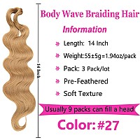 Cookoo 3 Pack 14 Inch Honey Golden Body Wave Braiding Hair Prefeathered Bouncy Braids Hair French Curl Wavy Braids Synthetic Ha