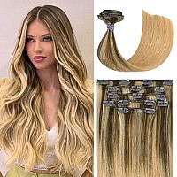 Honsoo Real Human Hair Extensions Clip Ins Medium Length 18In Medium Brown Balayage Honey Blonde 70G 7Pcs Two Packs For Full Hea