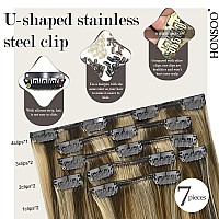 Honsoo Real Human Hair Extensions Clip Ins Medium Length 18In Medium Brown Balayage Honey Blonde 70G 7Pcs Two Packs For Full Hea