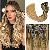 Ugotrays Clip In Hair Extensions Human Hair 70G Medium Brown Mixed Golden Blonde Fading To Honey Blonde Balayage Soft Straight H