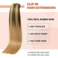 Ugotrays Clip In Hair Extensions Human Hair 70G Medium Brown Mixed Golden Blonde Fading To Honey Blonde Balayage Soft Straight H