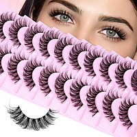 False Lashes Natural Eyelashes Fluffy Lashes D Curl Eyelashes 14Mm 3D Volume Wispy Fake Eyelashes Strips Clear Band 10 Pairs Las