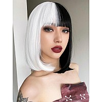 Aisi Beauty Half Black Half White Bob Wig With Bangs Short Straight Bob Wigs For Women 12 Inch Synthetic Straight Hair Wig For G