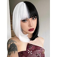 Aisi Beauty Half Black Half White Bob Wig With Bangs Short Straight Bob Wigs For Women 12 Inch Synthetic Straight Hair Wig For G