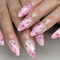 Press On Nails Medium Almond Mabkjlf Fake Nails Pink Gradient Full Cover Stars Moon False Nails With Designs Rhinestones Glossy