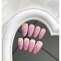 Press On Nails Medium Almond Mabkjlf Fake Nails Pink Gradient Full Cover Stars Moon False Nails With Designs Rhinestones Glossy