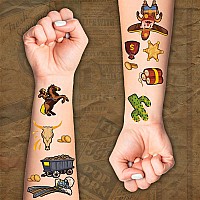 100Pcs Cowboy Temporary Tattoos For Kids Boys Cowboy Crafts Rodeo Cowboy Hats Boots Horse Shoes Fake Tattoo Body Sticker For C