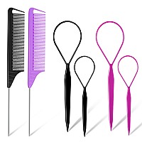 Tsmaddts Hair Loop Tool Set 6 Pack With 2 French Braid Loops 2 Rat Tail Combs In Black Purple For Hair Styling