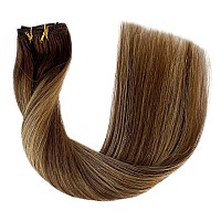 Clip In Hair Extensions 14 Inch Real Human Hair Clip In Extensions Chocolate Brown To Caramel Blonde Ombre Seamless Double Weft