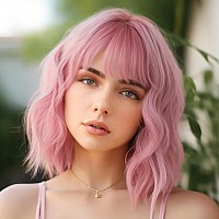 Aisi Hair Pink Wig With Bangs Short Bob Wavy Pastel Pink Wigs For Women Curly Shoulder Length Bob Synthetic Natural Looking Wigs