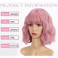 Aisi Hair Pink Wig With Bangs Short Bob Wavy Pastel Pink Wigs For Women Curly Shoulder Length Bob Synthetic Natural Looking Wigs