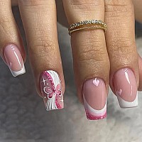 24Pcs Medium Press On Nails Square Fake Nails Wiht Glitter Pink Butterfly And Heartlove Designs False Nails French Tip Acrylic