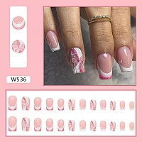 24Pcs Medium Press On Nails Square Fake Nails Wiht Glitter Pink Butterfly And Heartlove Designs False Nails French Tip Acrylic