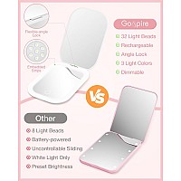 Gospire Ultraslim Lighted Travel Makeup Mirror With Lights And Magnification Rechargeable 3X Magnifying Mirror With 3 Light Co