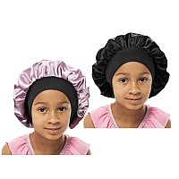 Sengterm Kids Satin Bonnet Double Layer Wide Elastic Band Sleep Cap Hair Bonnet Silky Night Cap For Toddler Child Kids Blackpi