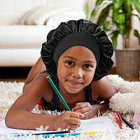 Sengterm Kids Satin Bonnet Double Layer Wide Elastic Band Sleep Cap Hair Bonnet Silky Night Cap For Toddler Child Kids Blackpi