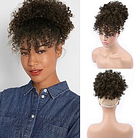 Entranced Styles Drawstring Ponytail With Bangs Afro Puff Extensions For Women Short Curly Clip In Wrap Updo Hairpiece2B