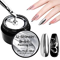 Ushinein 8Ml Metallic Painting Nail Polish Gel Ultra Mirror Silver Painted Gel Nail Polish 3D Metal Painting Gel Drawing Mirr