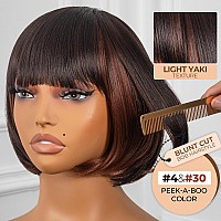 Toyotress Peekaboo Color Bob Wig With Bangs 8 Inch Brown Blunt Cut Bob Wigs For Black Women Short Straight Light Yaki Synth