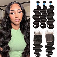 Body Wave 3 Bundles With Closure26 28 3020100 Unprocessed Brazilian Human Hair Bundles With 4X4 Hd Lace Closure Free Part Bo