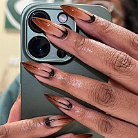 Sinhot Long Stiletto Press On Nails French Tip Almond Fake Nails Glossy Glue On Nails Brown Gradient Acrylic Nails Artificial Na