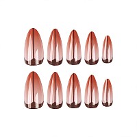 Sinhot Long Stiletto Press On Nails French Tip Almond Fake Nails Glossy Glue On Nails Brown Gradient Acrylic Nails Artificial Na