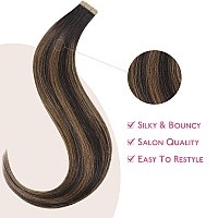 Wennalife Tape In Hair Extensions Human Hair Balayage Dark Brown Mixed Chestnut Brown Tape In Extensions 10Pcs 30G 24 Inch Remy