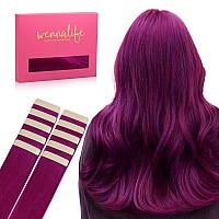 Wennalife Tape In Hair Extensions Human Hair Violet Tape In Extensions 10Pcs 30G 20 Inch Remy Invisible Tape Ins Straight Color