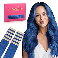 Wennalife Tape In Hair Extensions Human Hair Blue Tape In Extensions 10Pcs 30G 20 Inch Remy Invisible Tape Ins Straight Colored