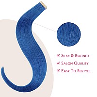 Wennalife Tape In Hair Extensions Human Hair Blue Tape In Extensions 10Pcs 30G 20 Inch Remy Invisible Tape Ins Straight Colored