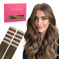 Wennalife Tape In Hair Extensions Human Hair Balayage Chocolate Brown To Caramel Blonde Tape In Extensions 10Pcs 20G 10 Inch Re