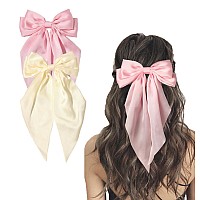 Furling Pompoms Hair Bow Clip Pink Beige Satin Long Tails With Alligator Clips Large Bow Hair Accessories For Women And Girls