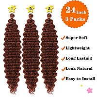 Paraglame 24 Inch Ocean Wave Crochet Hair Copper Red 3 Packs Deep Wave Braiding Hair Ginger Curly Braiding Hair For Women 24Inc