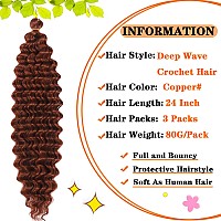 Paraglame 24 Inch Ocean Wave Crochet Hair Copper Red 3 Packs Deep Wave Braiding Hair Ginger Curly Braiding Hair For Women 24Inc